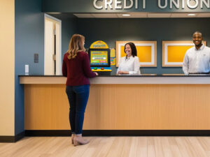 Fact or Fiction game unit placed in a credit union lobby to engage members with financial literacy topics like fraud prevention and budgeting.