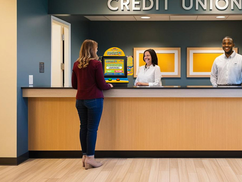 Fact or Fiction game unit placed in a credit union lobby to engage members with financial literacy topics like fraud prevention and budgeting.